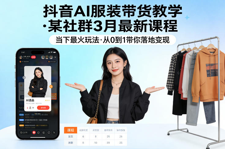 抖音AI服装带货教学，某社群3月最新课程，当下最火玩法，从0到1带你落地变现云学当下-创业资源网-知予轻创网-资源整合-互联网创业课程云学当下